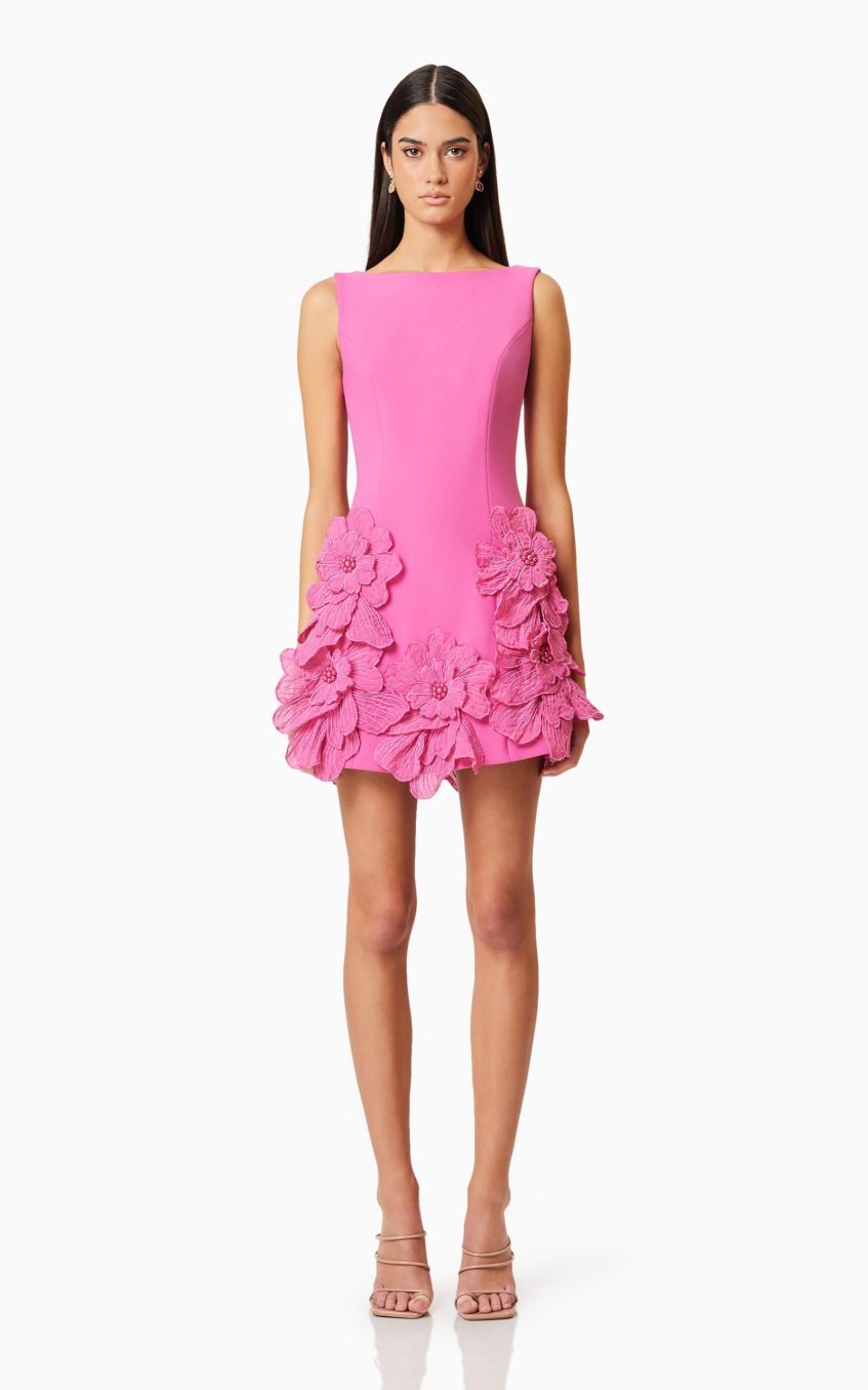 3D Flower Solid Round Neck Mini Dress