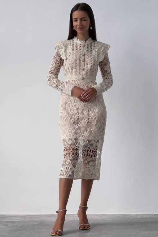 Lace Faux Pearl Button Long Sleeve Midi Dress
