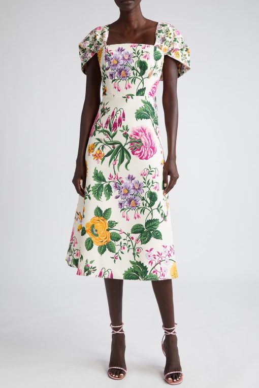 Floral Bow Draped Short Sleeve Midi Dress