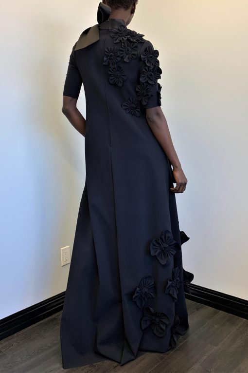 3D Flower Lace Up Mid Sleeve Maxi Dress