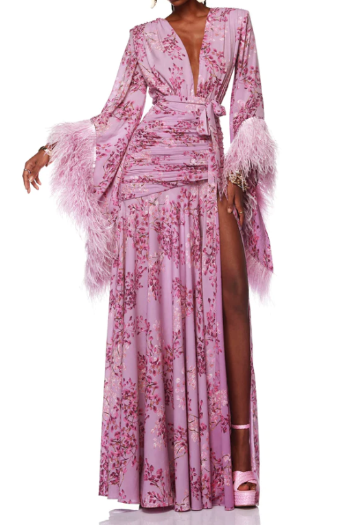 Feather Floral Long Sleeve Split Maxi Dress