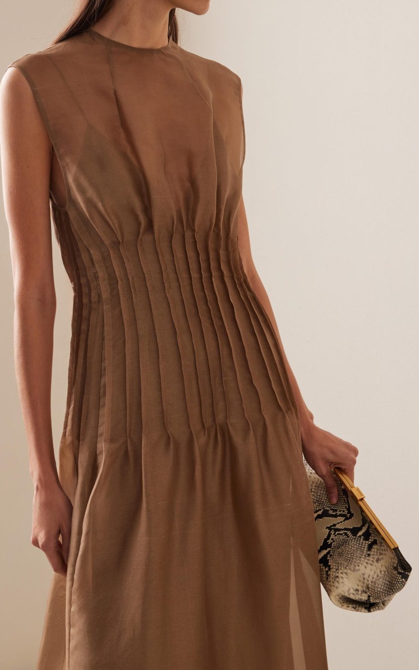Toothpick Pleat Round Neck Sleeveless Midi  Dress