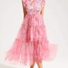 Floral Flutter Sleeve Crew Collar Tapered Waist Midi Dress Pink