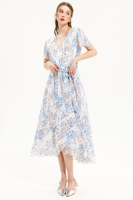 Floral V-Neck Short Sleeve Midi Dress Yellow