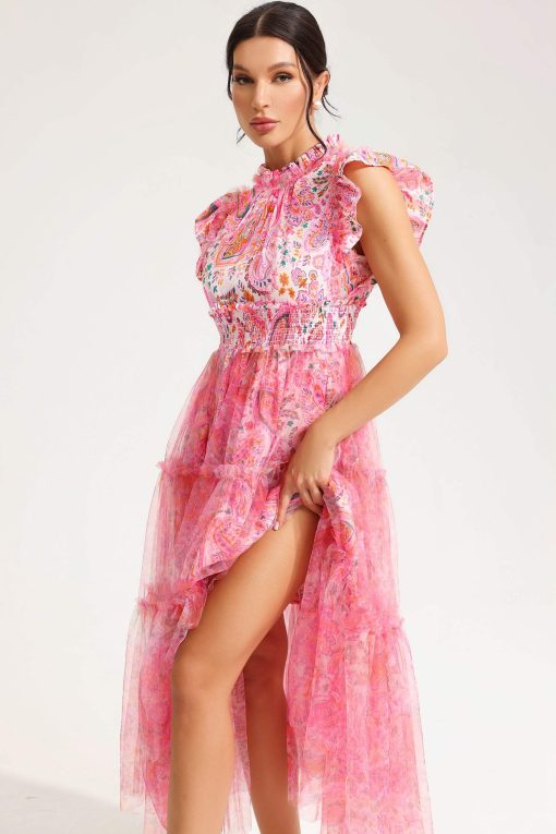 Floral Flutter Sleeve Crew Collar Tapered Waist Midi Dress Pink