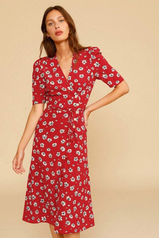 Silk Short Sleeve V-Neck Print Midi Dress