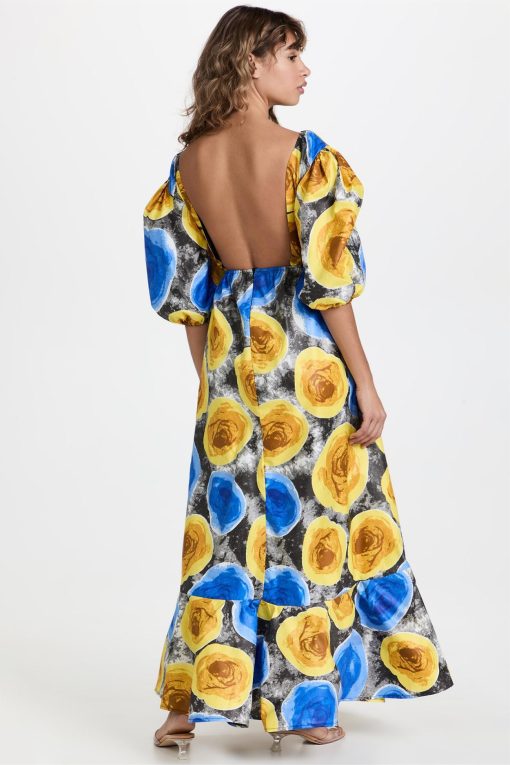 Floral V-Neck Puff Sleeve Cut-Out Midi Dress