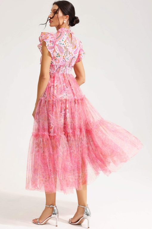 Floral Flutter Sleeve Crew Collar Tapered Waist Midi Dress Pink