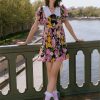 Short Sleeve V-neck Print Mini Dress Blcak