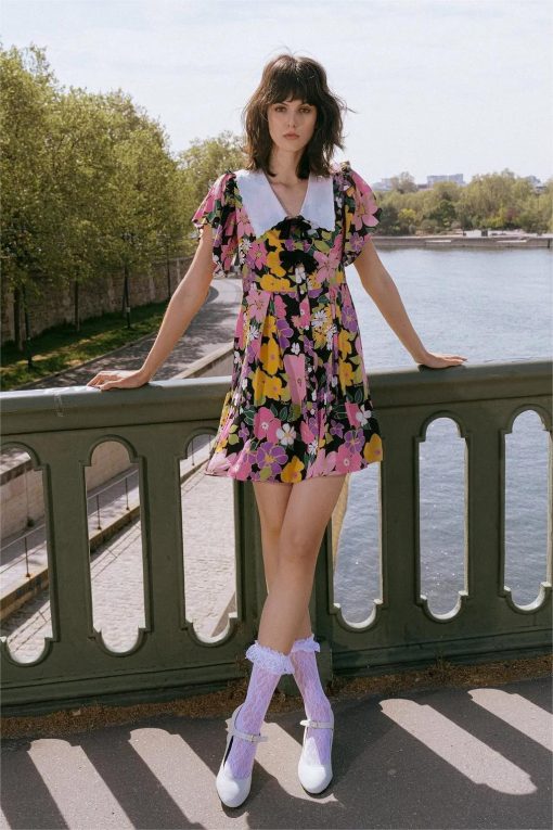Short Sleeve V-neck Print Mini Dress Blcak